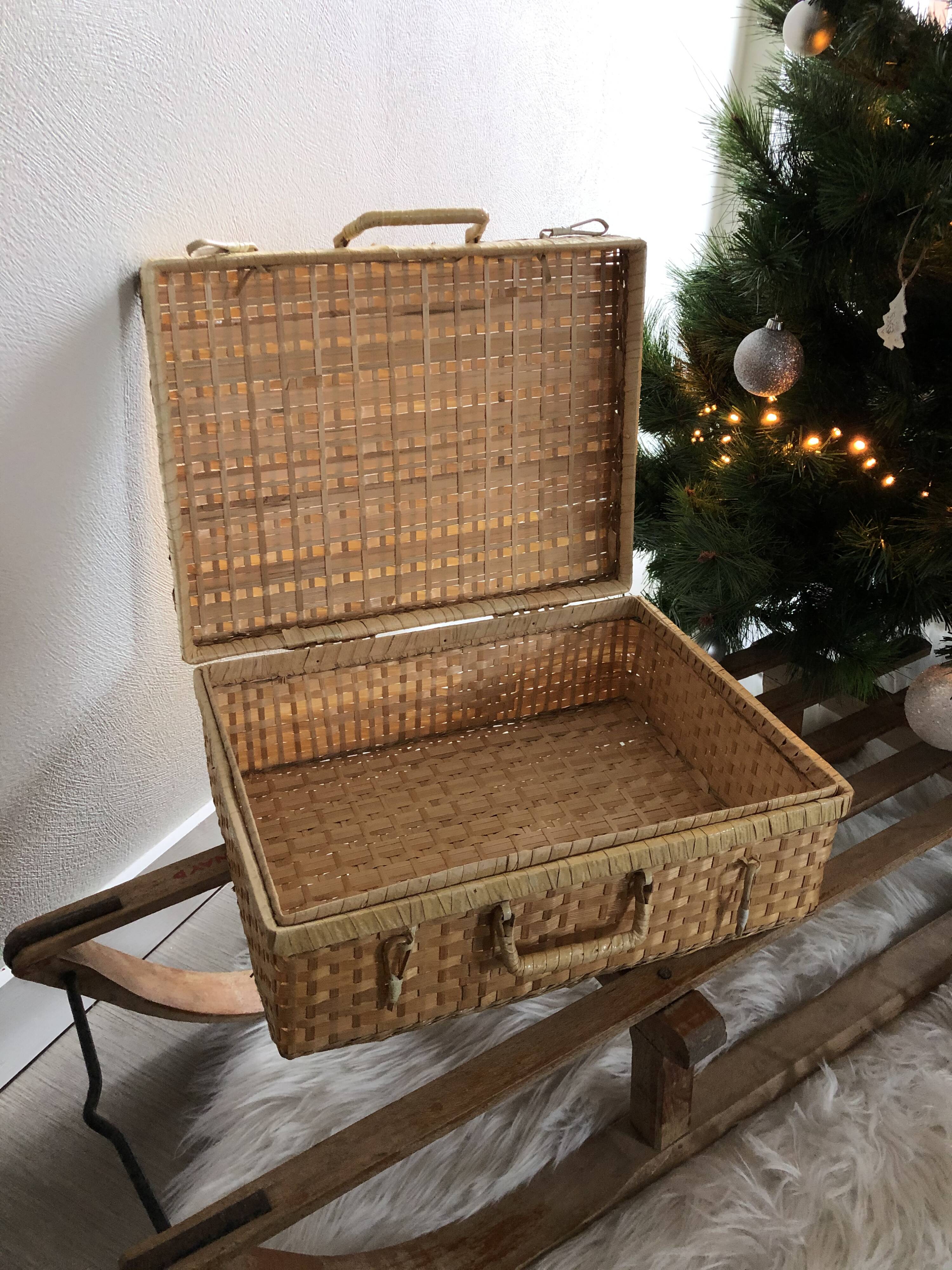 Vintage woven wicker suitcase