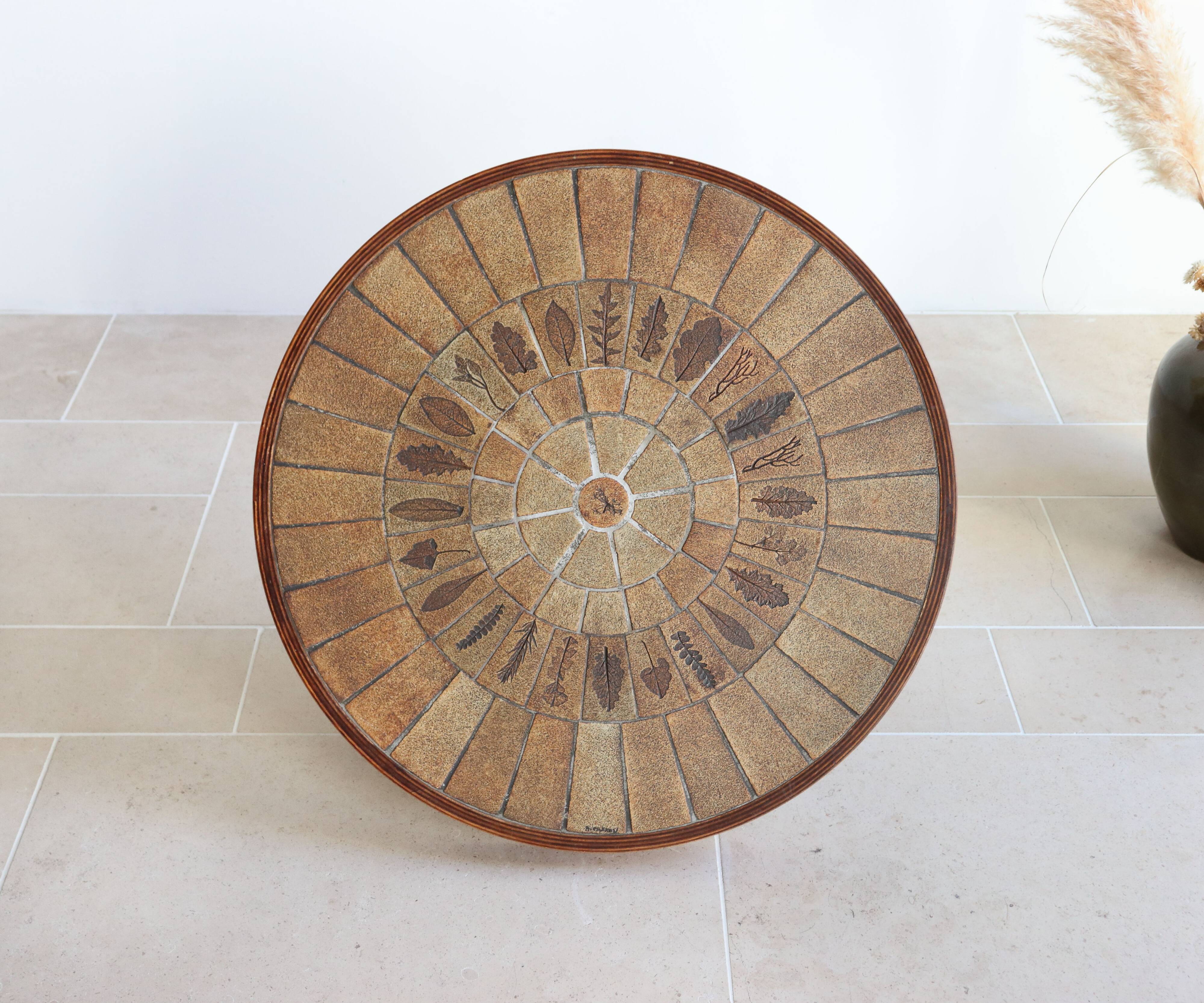 Round coffee table in wood and ceramic by Roger Capron, herbier/garrigue model, 60s/70s