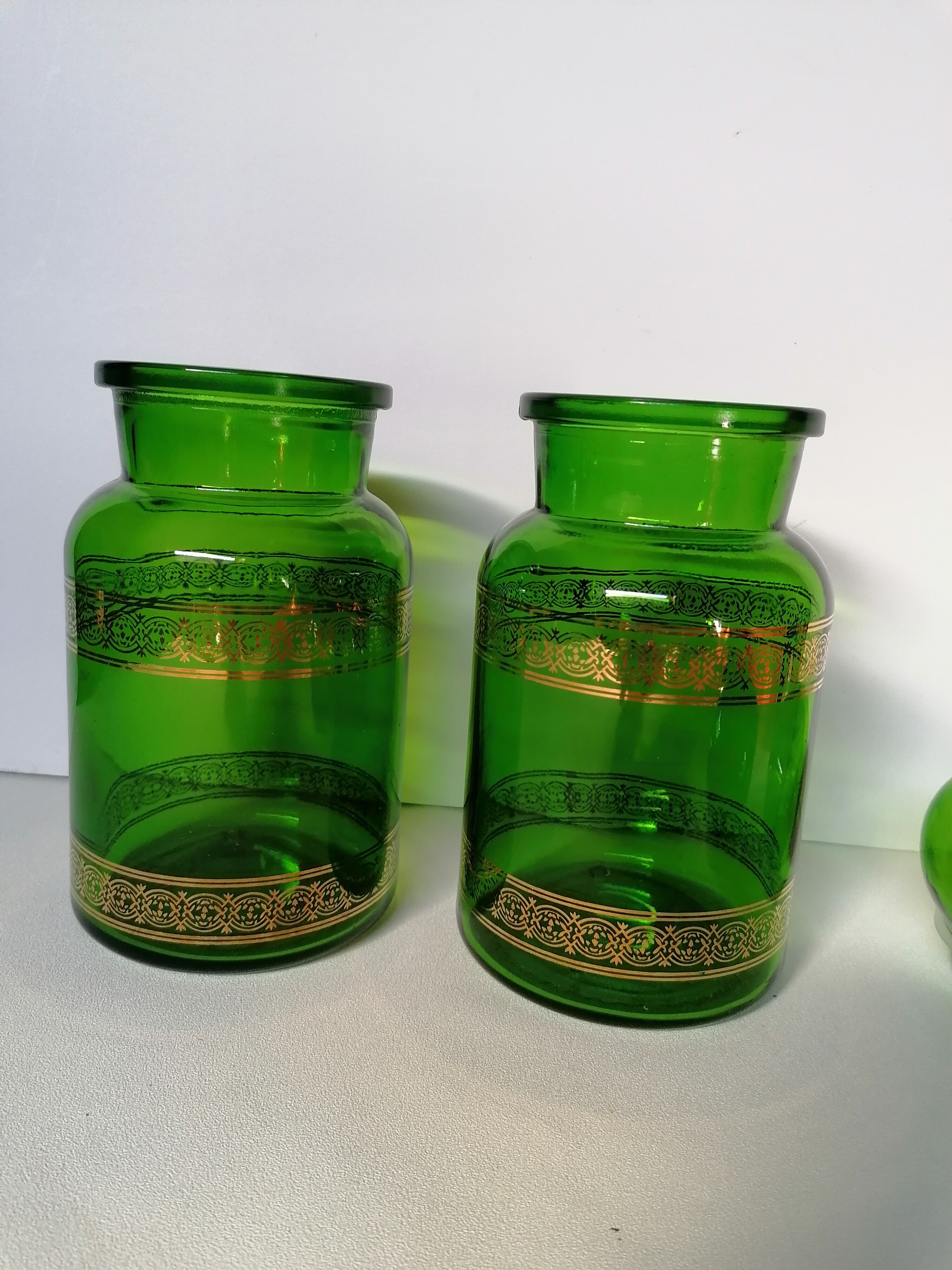 Pair green apothecary jar