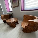 Living room with 3 armchairs and a coffee table in solid elm