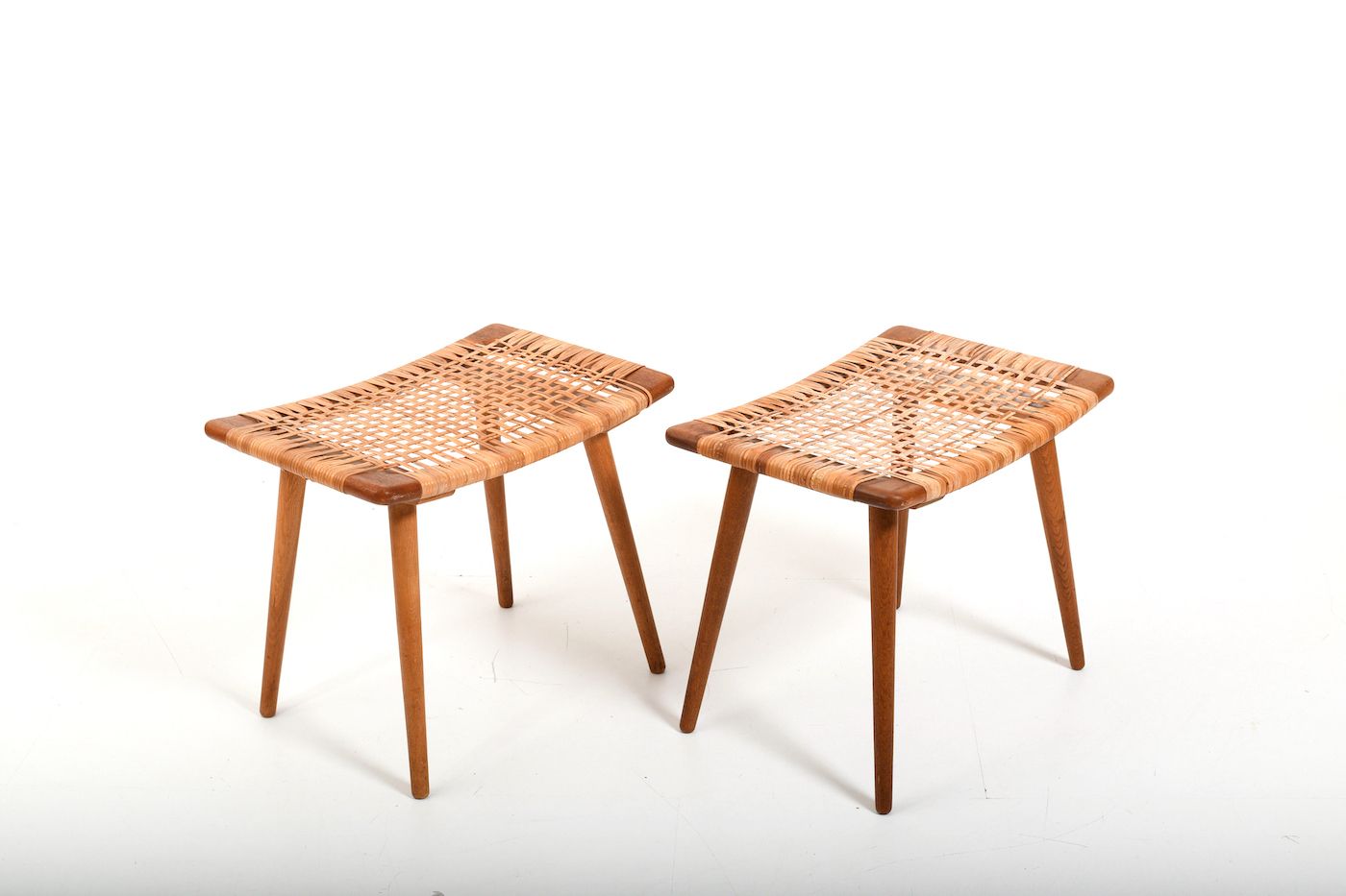 Pair of 1950s Danish Teak Oak and Cane Stools