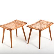 Paire de tabourets en chêne et canne en teck danois des années 1950