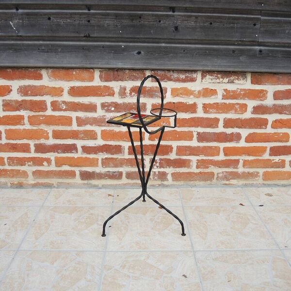 Ancien porte-plante en fer forgé et céramique Ardéco Vallauris