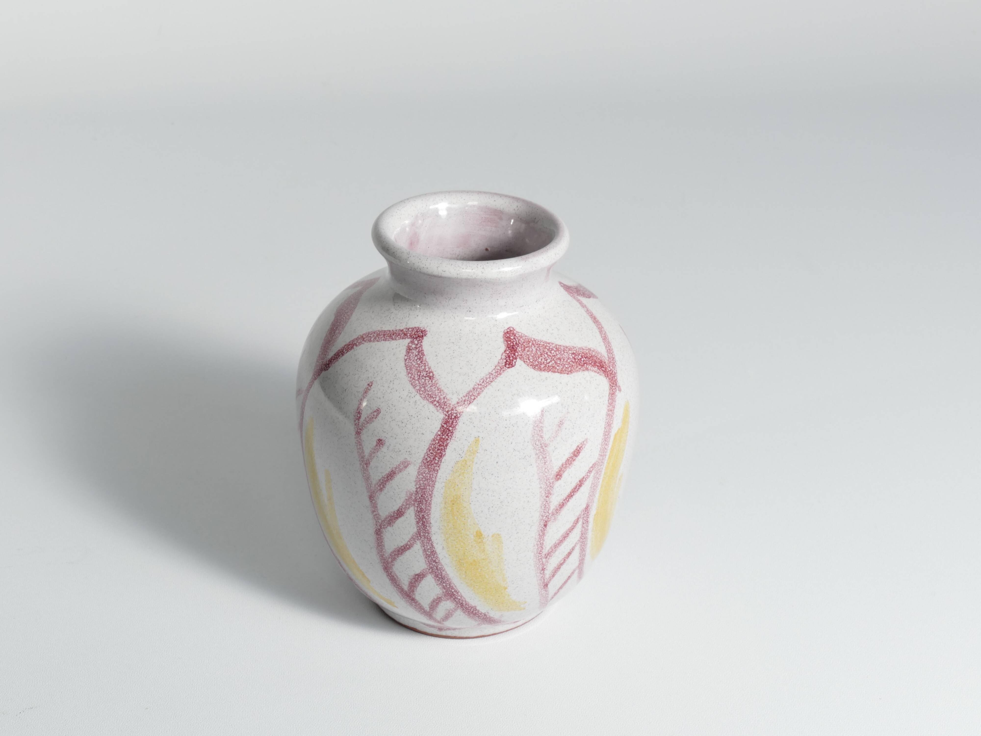 Scandinavian Modern Ceramic Vase with Red & Yellow Leaves, Alingsås Keramik 1947
