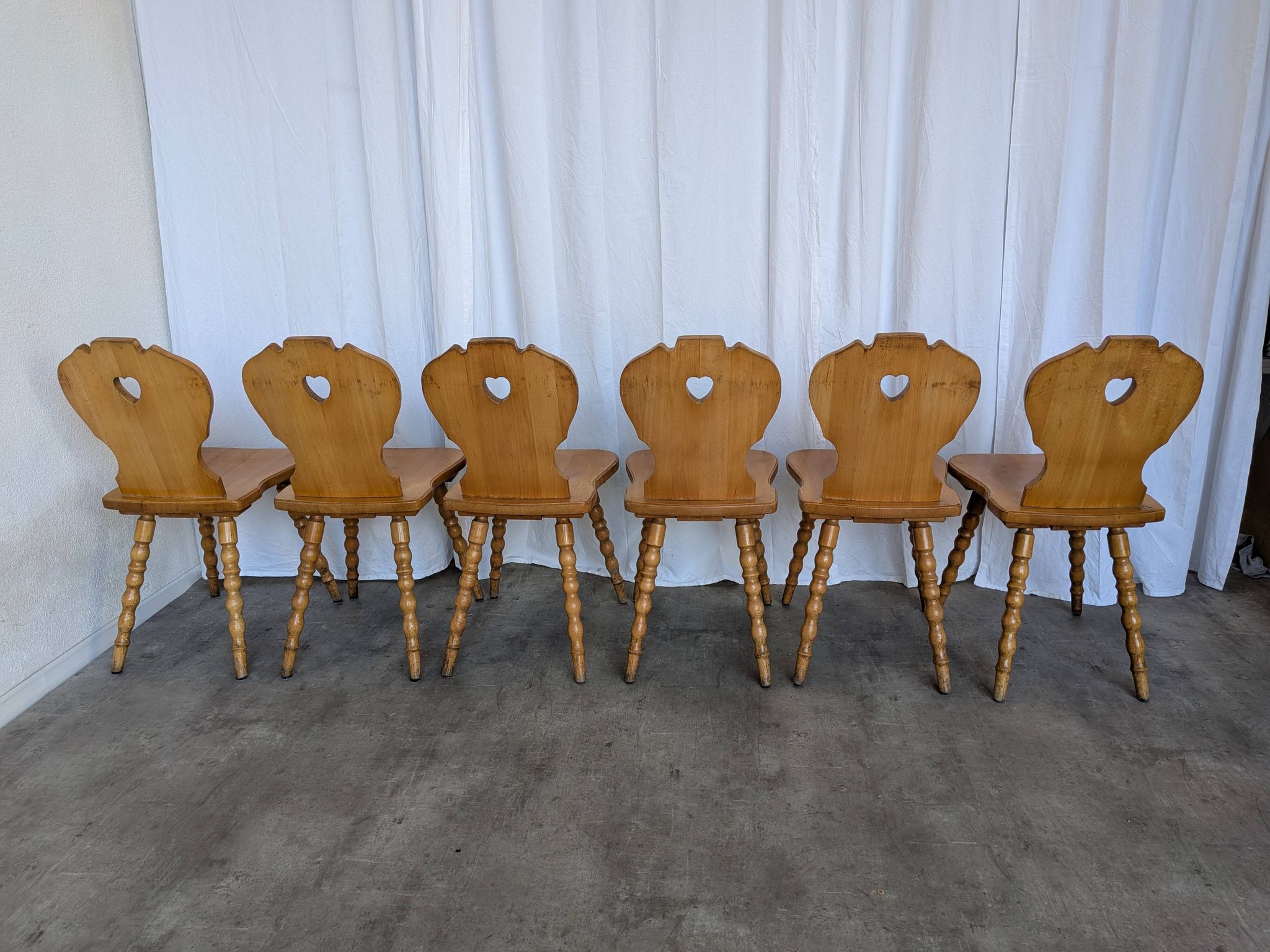 Set of 6 Vintage Tyrolean Heart Cutout Wooden Dining Chairs, Farmhouse