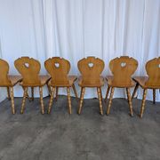 Set of 6 Vintage Tyrolean Heart Cutout Wooden Dining Chairs, Farmhouse