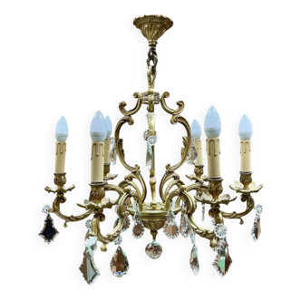 Lustre à pampilles en bronze 6 feux