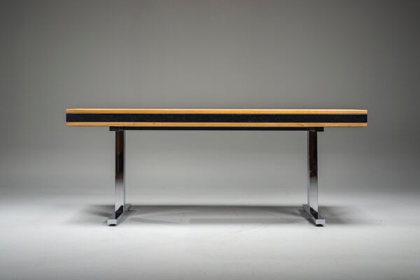 Bureau moderne du milieu du siècle en chêne et chrome avec plateau en cuir, années 1980