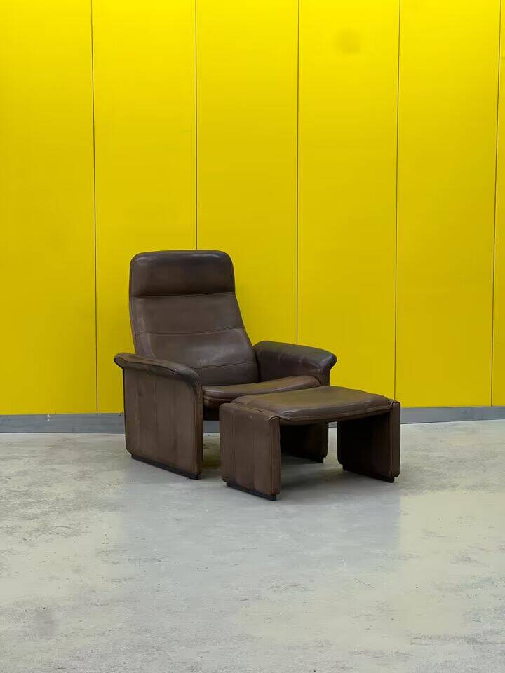 Vintage brown leather ds 50 by de sede, 1960s-1970s + stool