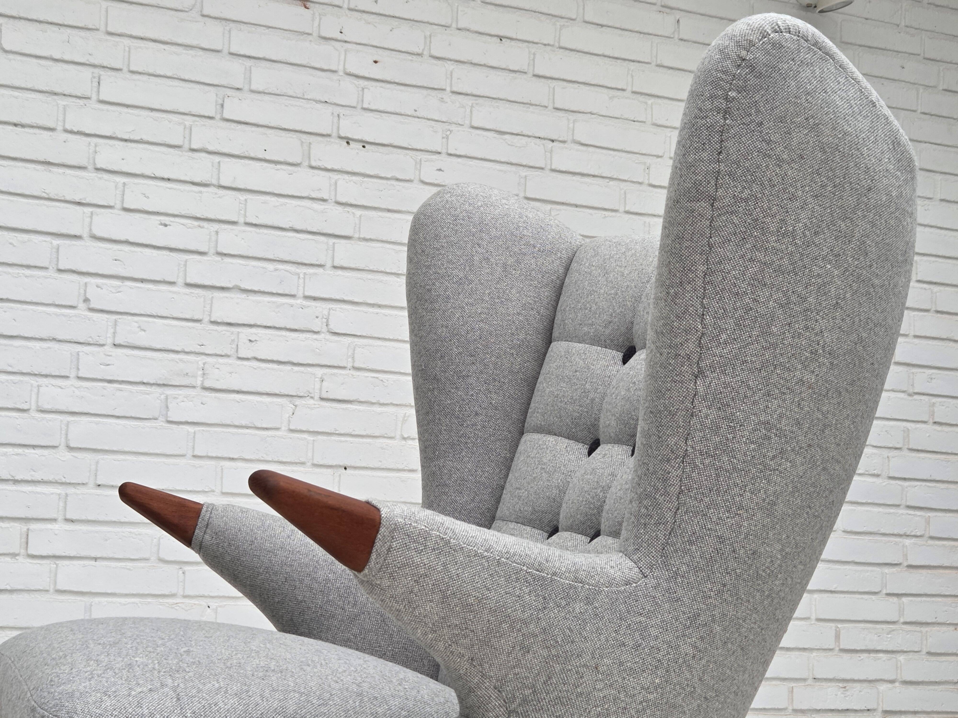 1960s, Danish "Teddy chair" with stool, reupholstered, wool, teak wood.