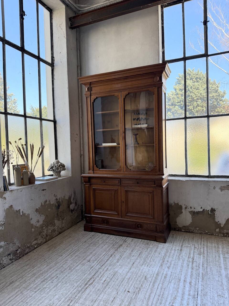 Antique XL Napoleonic oak glass bookcase, 19th century