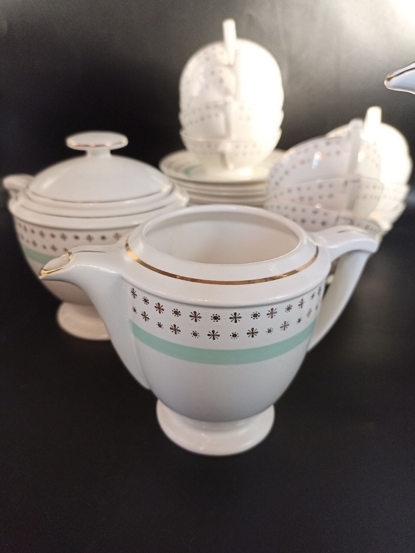 Tea set stars and mint green in semi-porcelain
