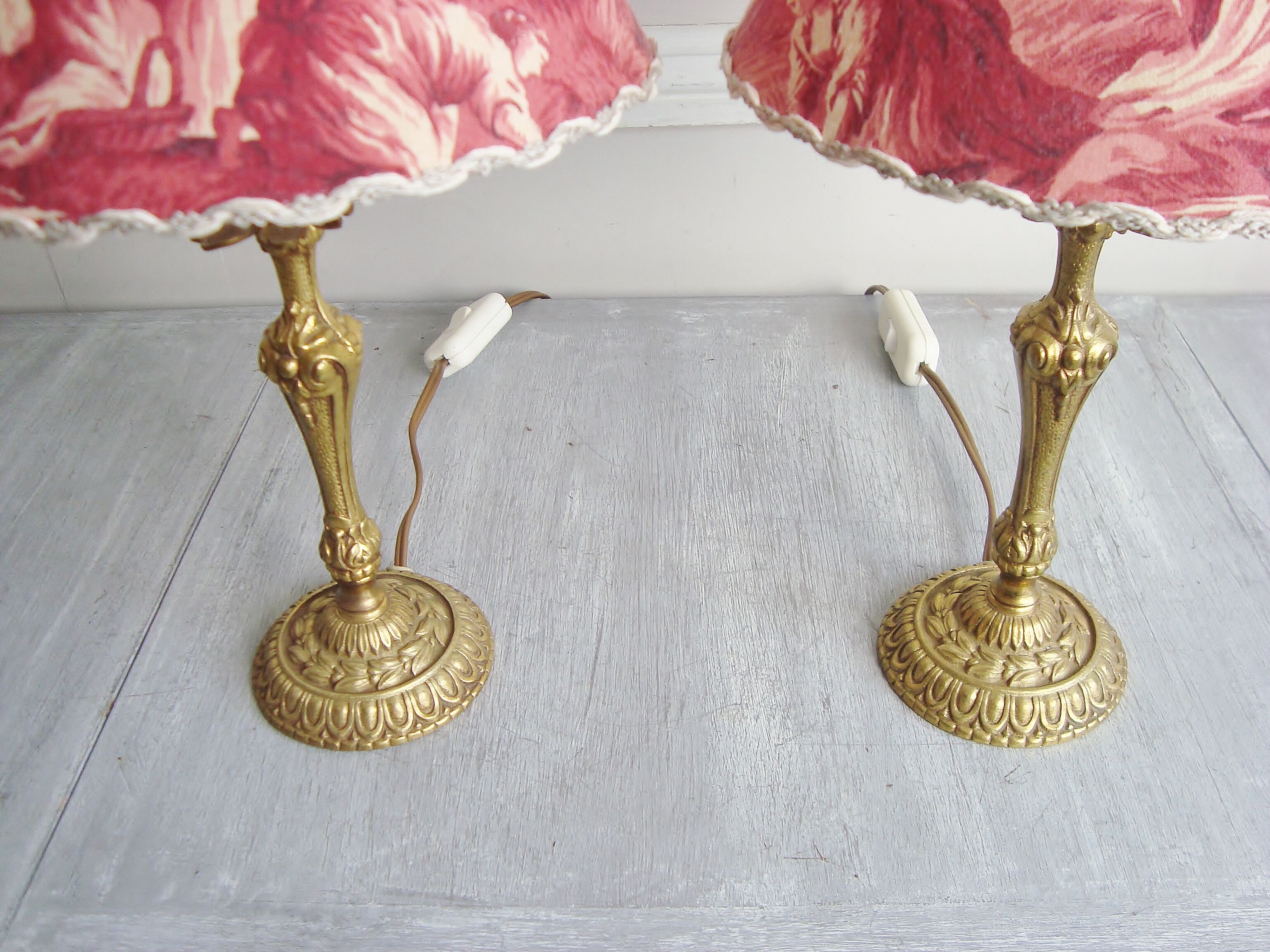 Pair of brass lamps with handmade lampshades in vintage toile de Jouy fabric