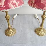 Pair of brass lamps with handmade lampshades in vintage toile de Jouy fabric
