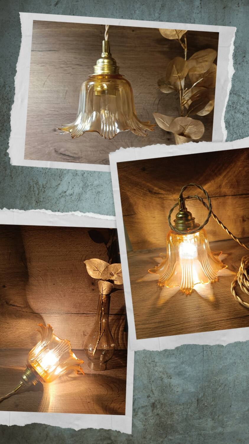 Amber tulip glass portable lamp, golden braided cord.