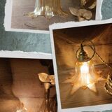 Amber tulip glass portable lamp, golden braided cord.