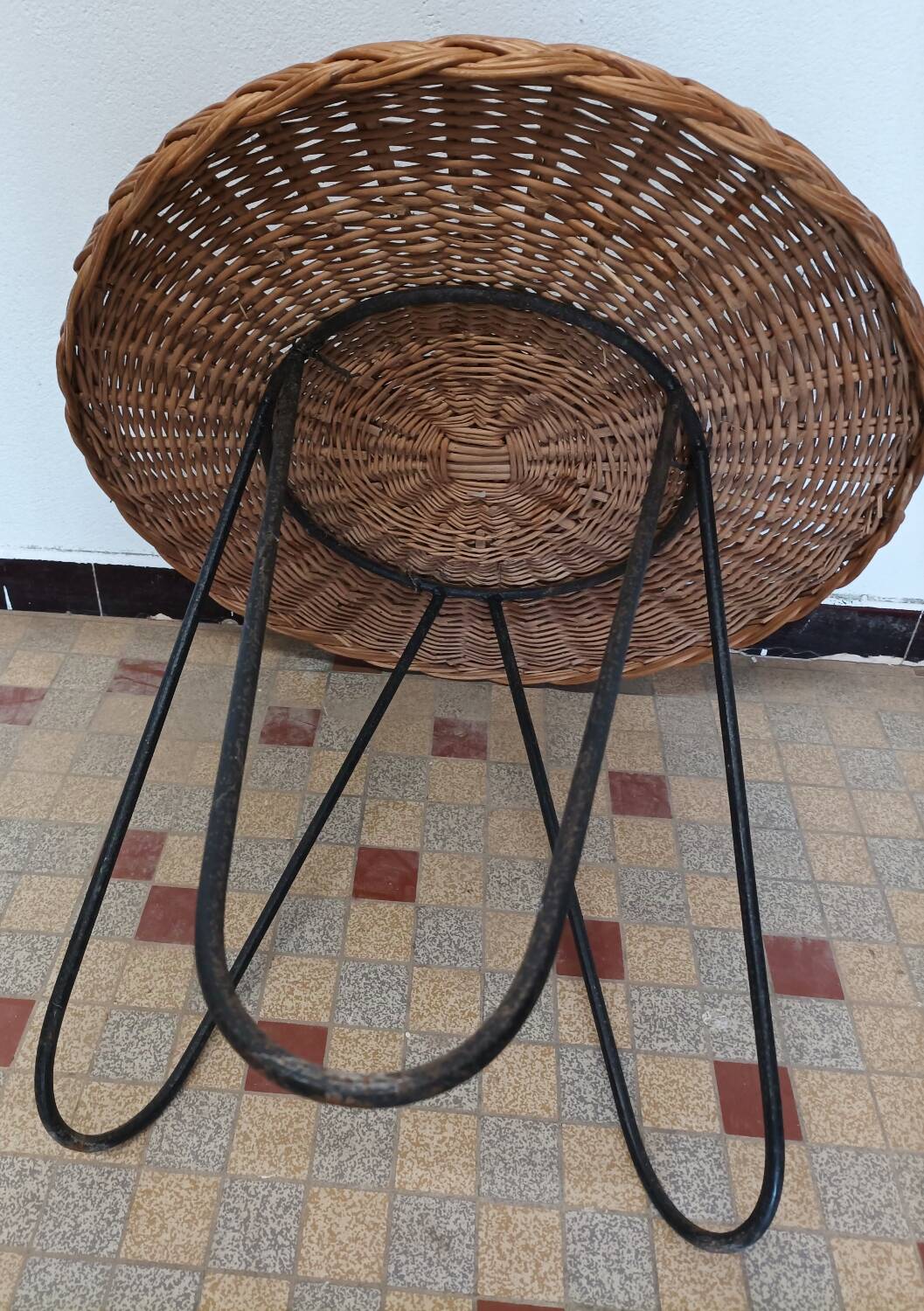 Vintage round rattan and metal coffee table