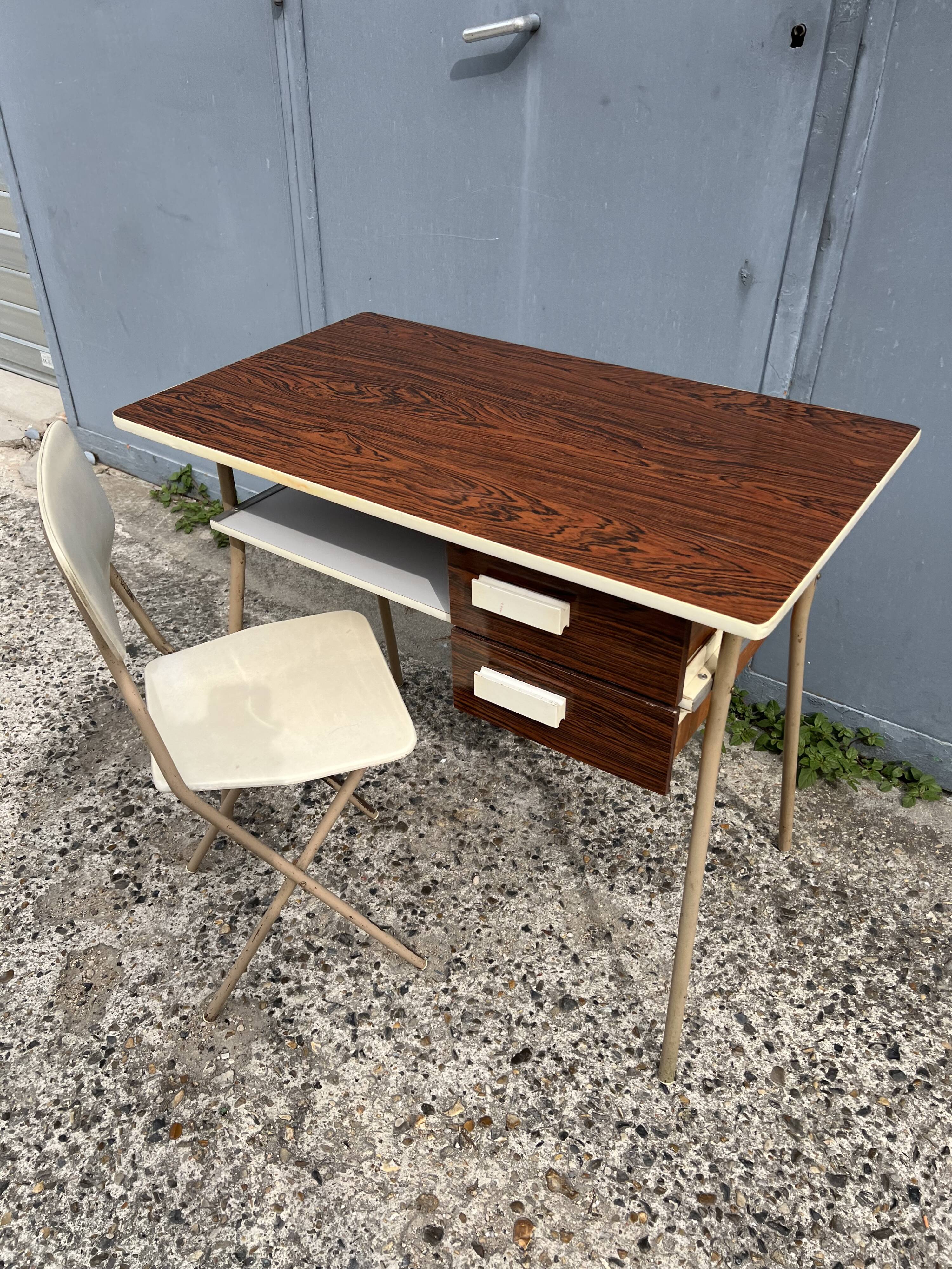 Small vintage desk with formica drawers and 70s chair