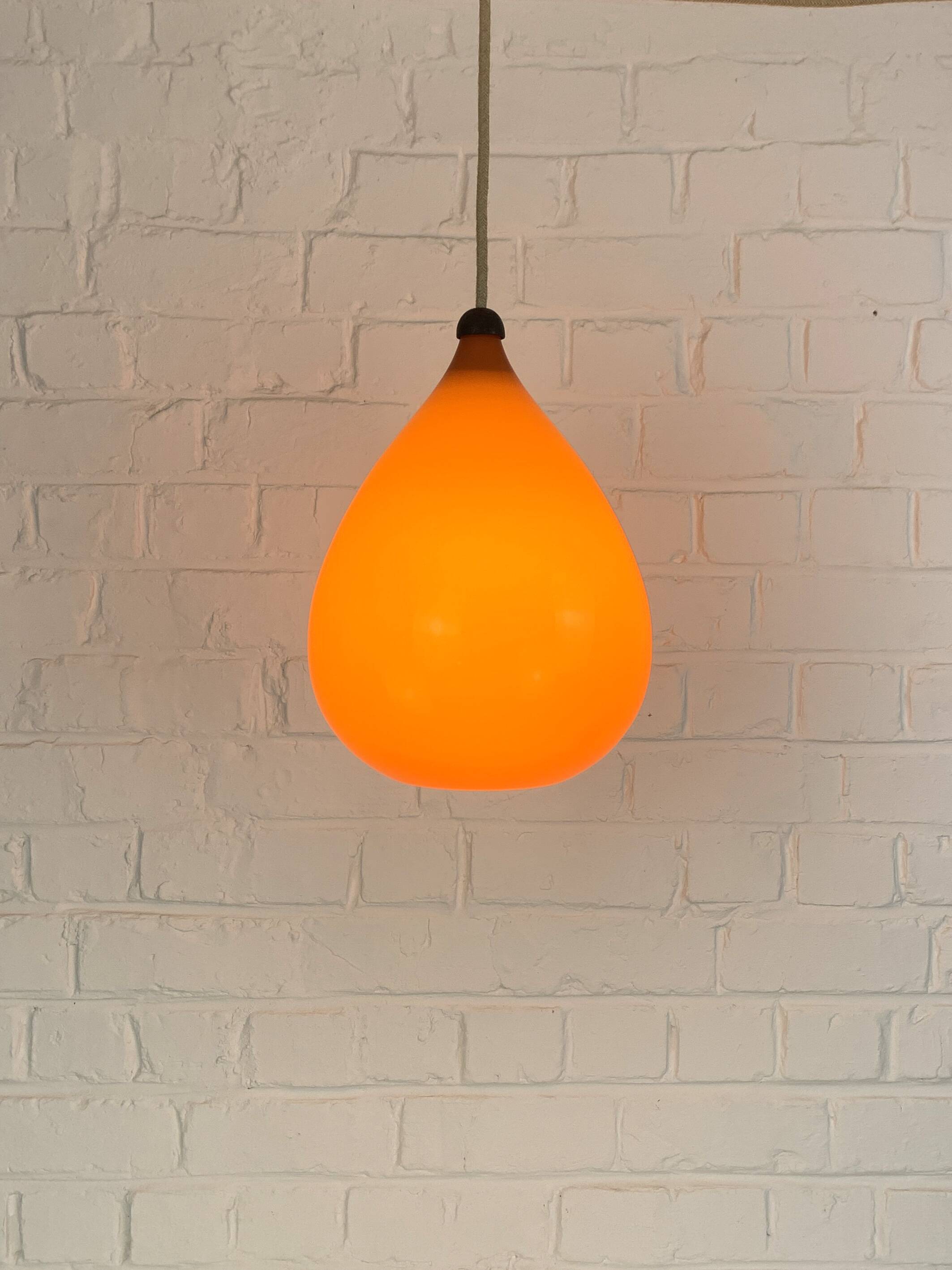 Scandinavian drop pendant light in orange, opaline and teak glass, 1960