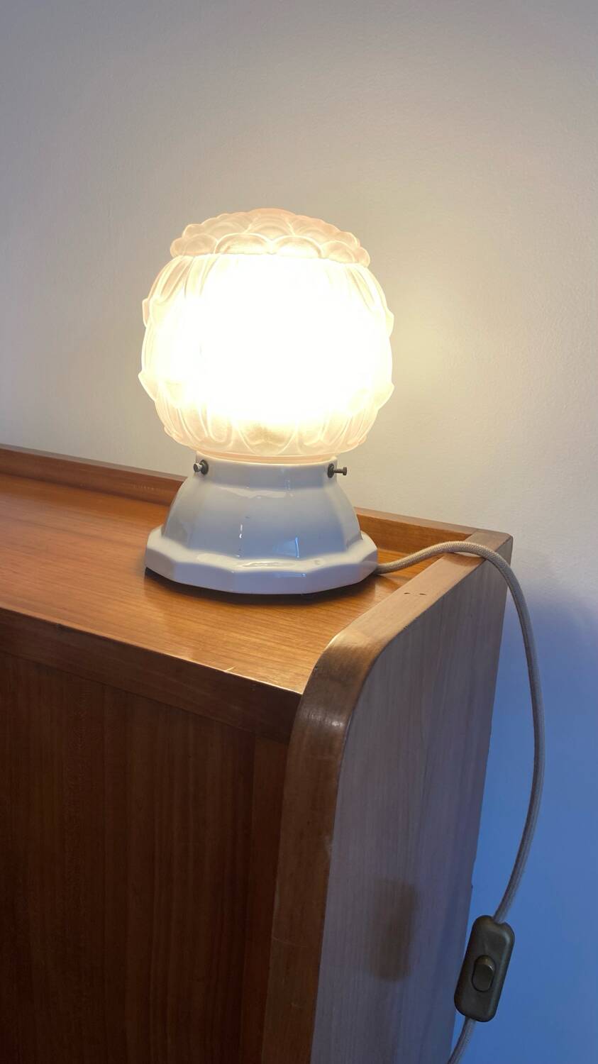 Art Deco powder pink globe lamp and porcelain base