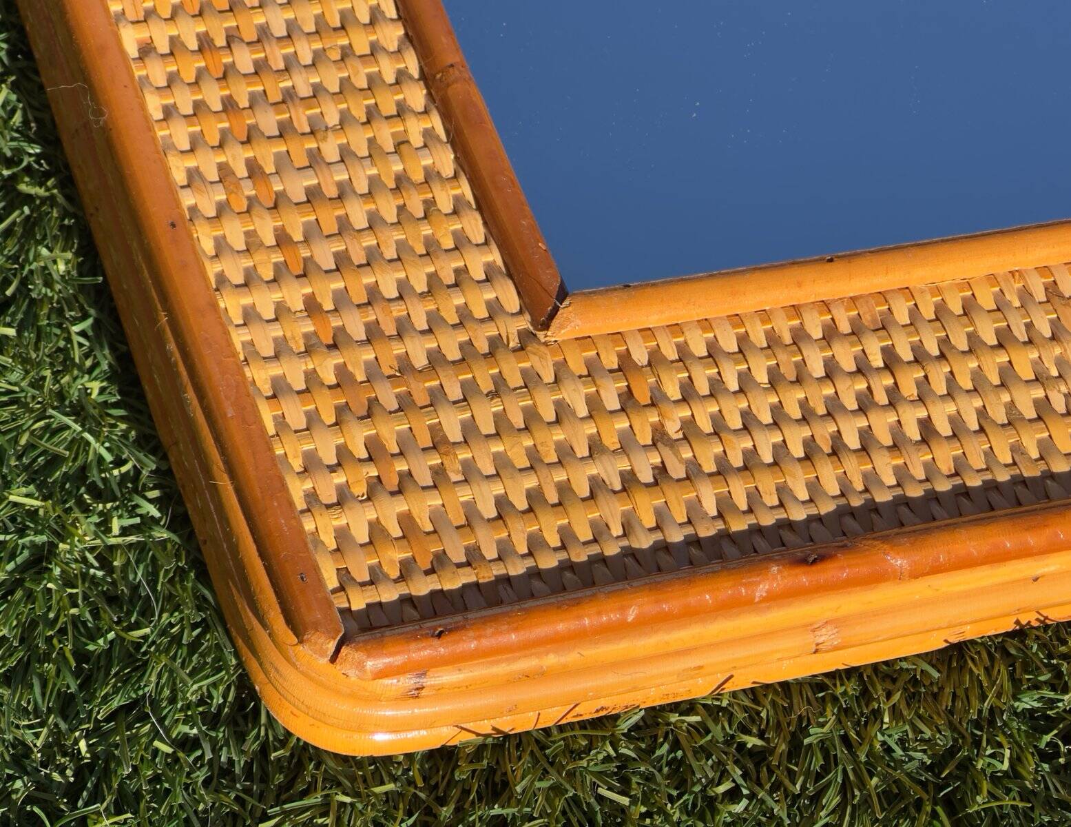 Bamboo and woven wicker mirrors in the style of Dior, 1960s-70s. Set of 2.