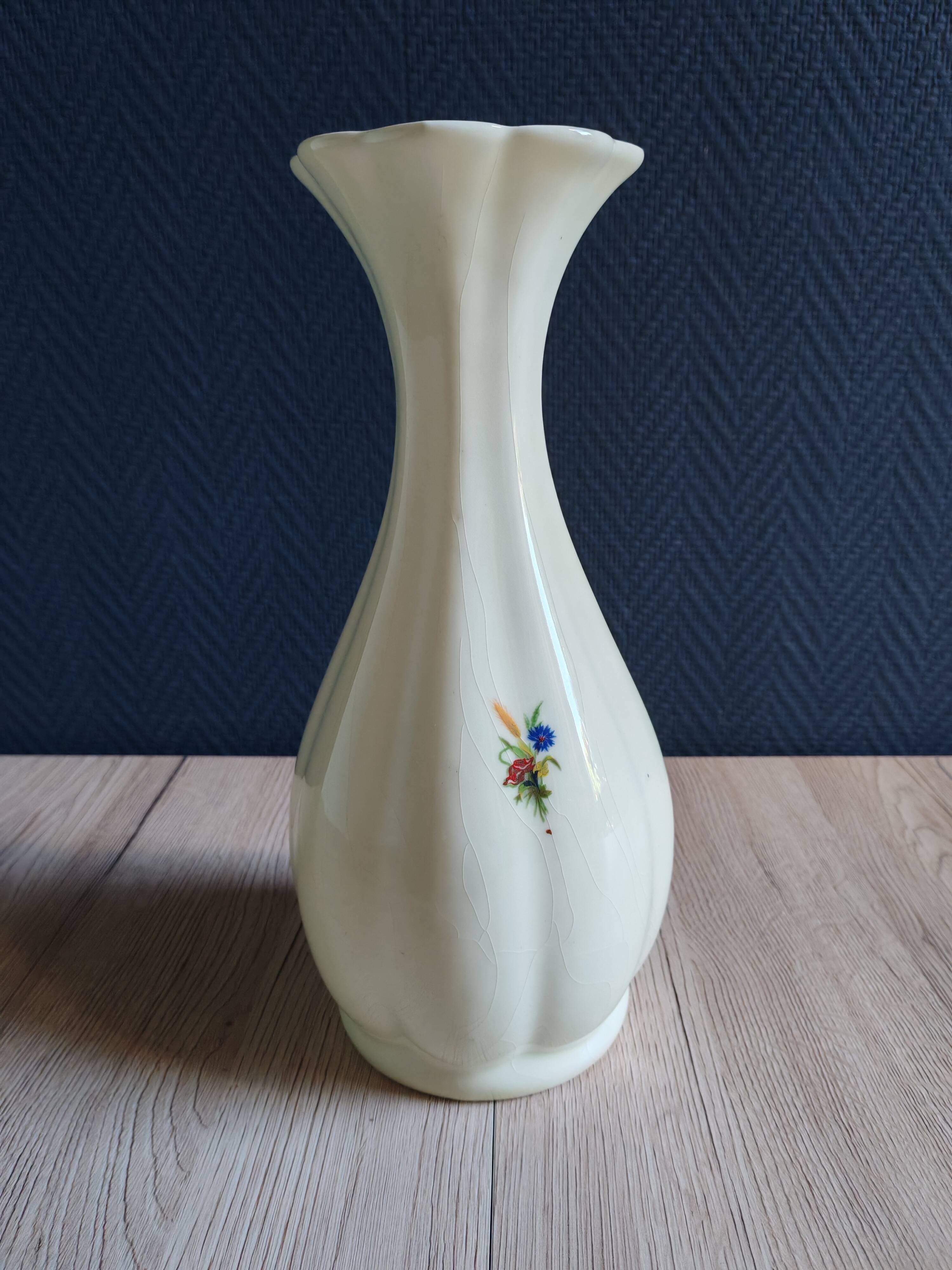 Vintage White Broken Ceramic Vase with Floral Pattern, Ribbed Vase