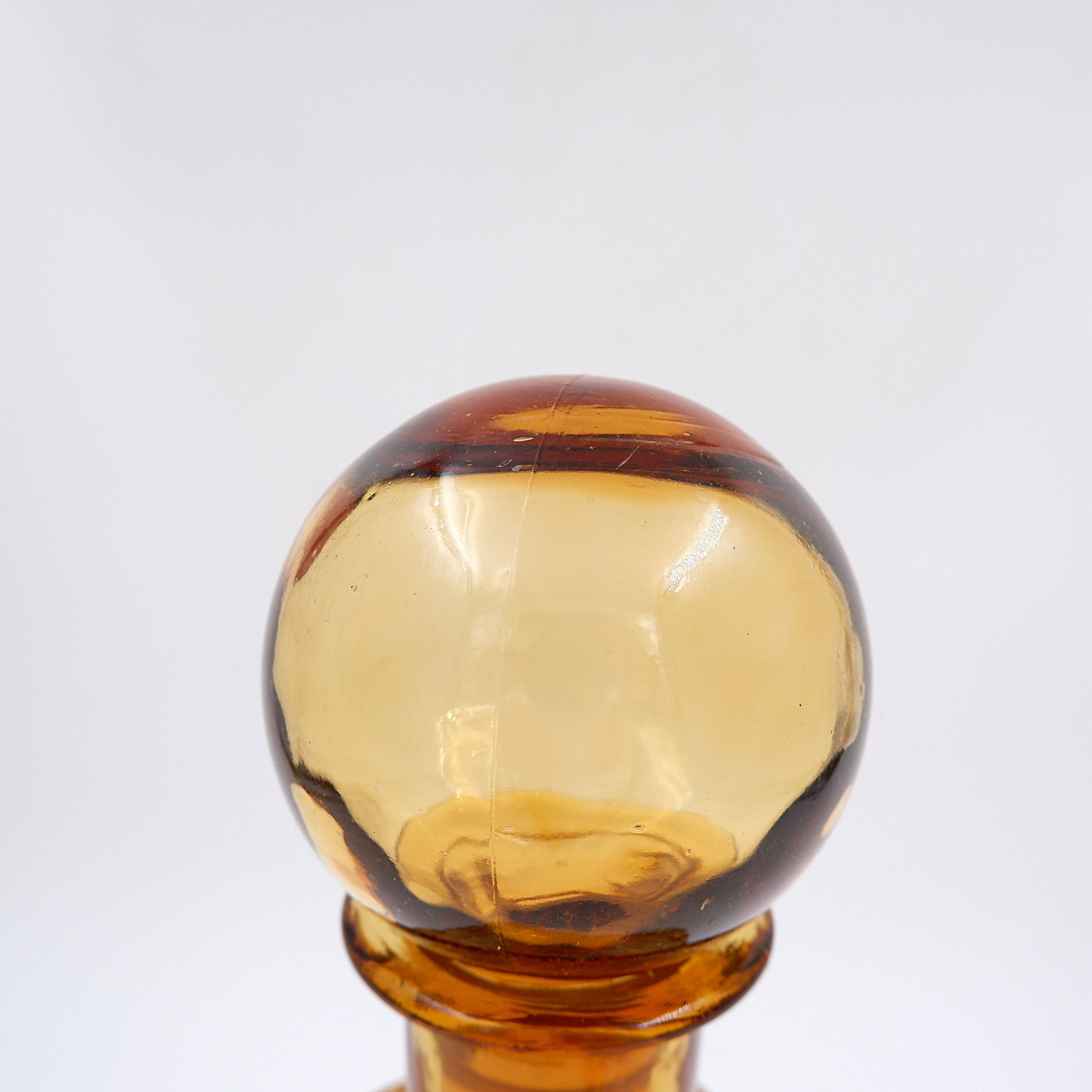 Vintage Italian MCM Empoli Wavy Amber Glass Decanter with Round Ball Stopper