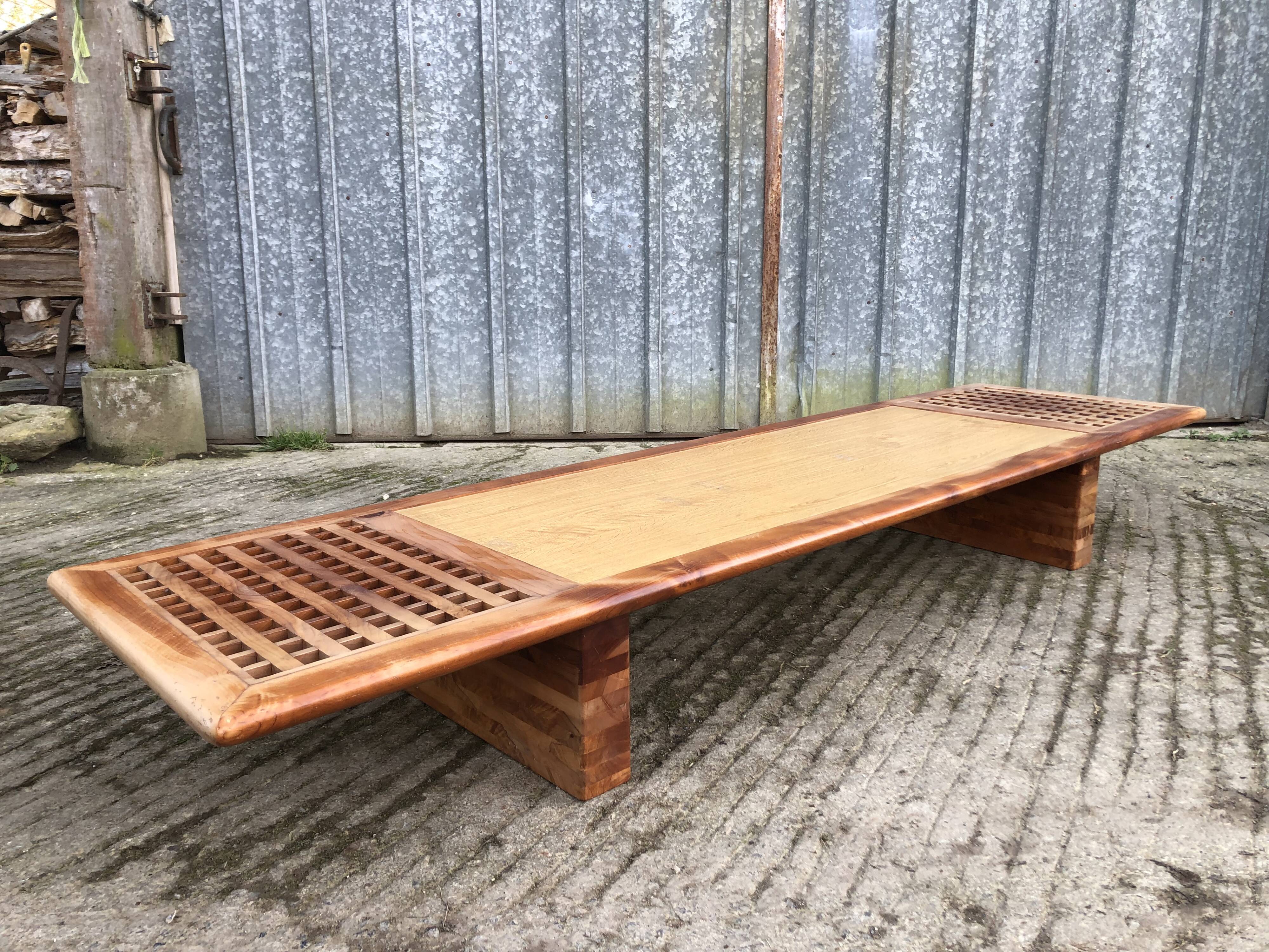 Vintage Yew Wood Bench with 3 Cushions