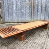 Vintage Yew Wood Bench with 3 Cushions
