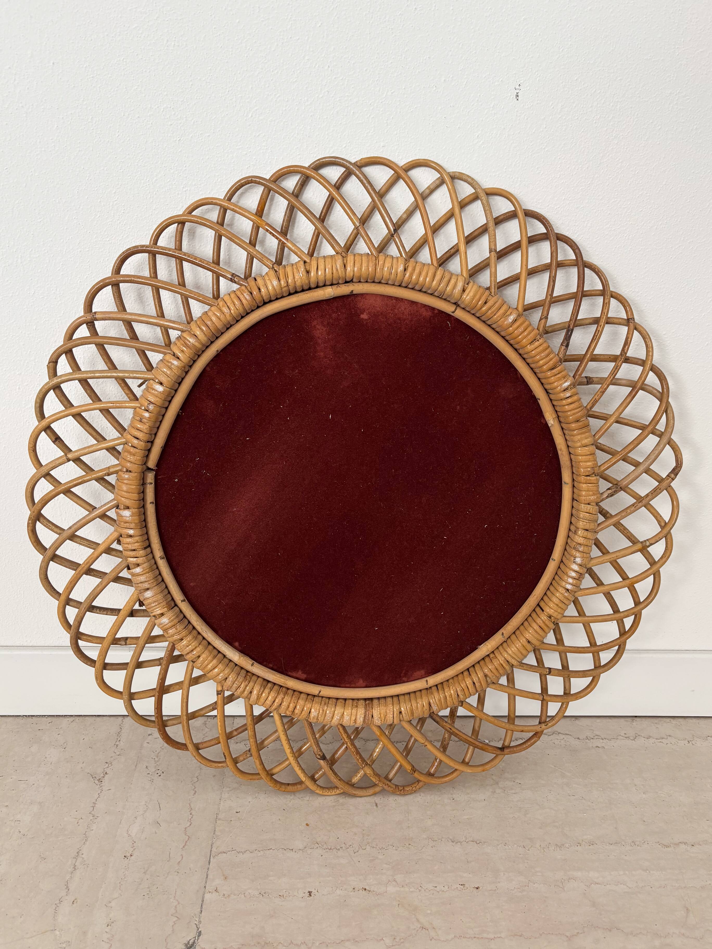 Italian Circle Rattan Bamboo Wall Mirror, 1960s