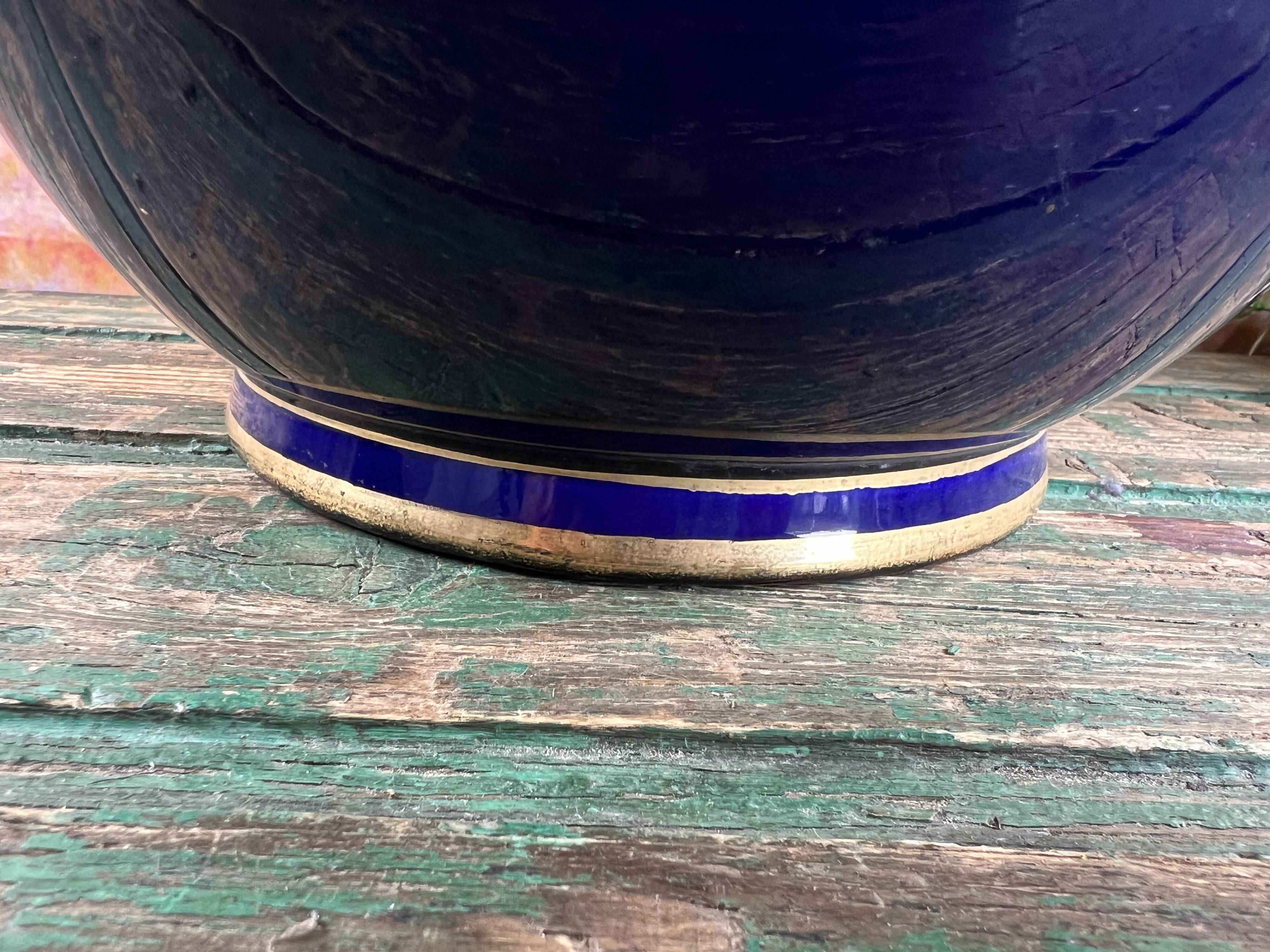Large round old blue planter Luneville