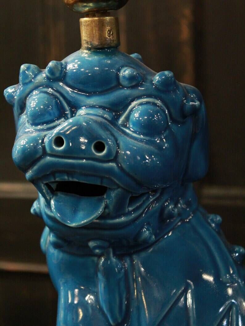 Lampe de table Foo Dog Vintage, céramique turquoise