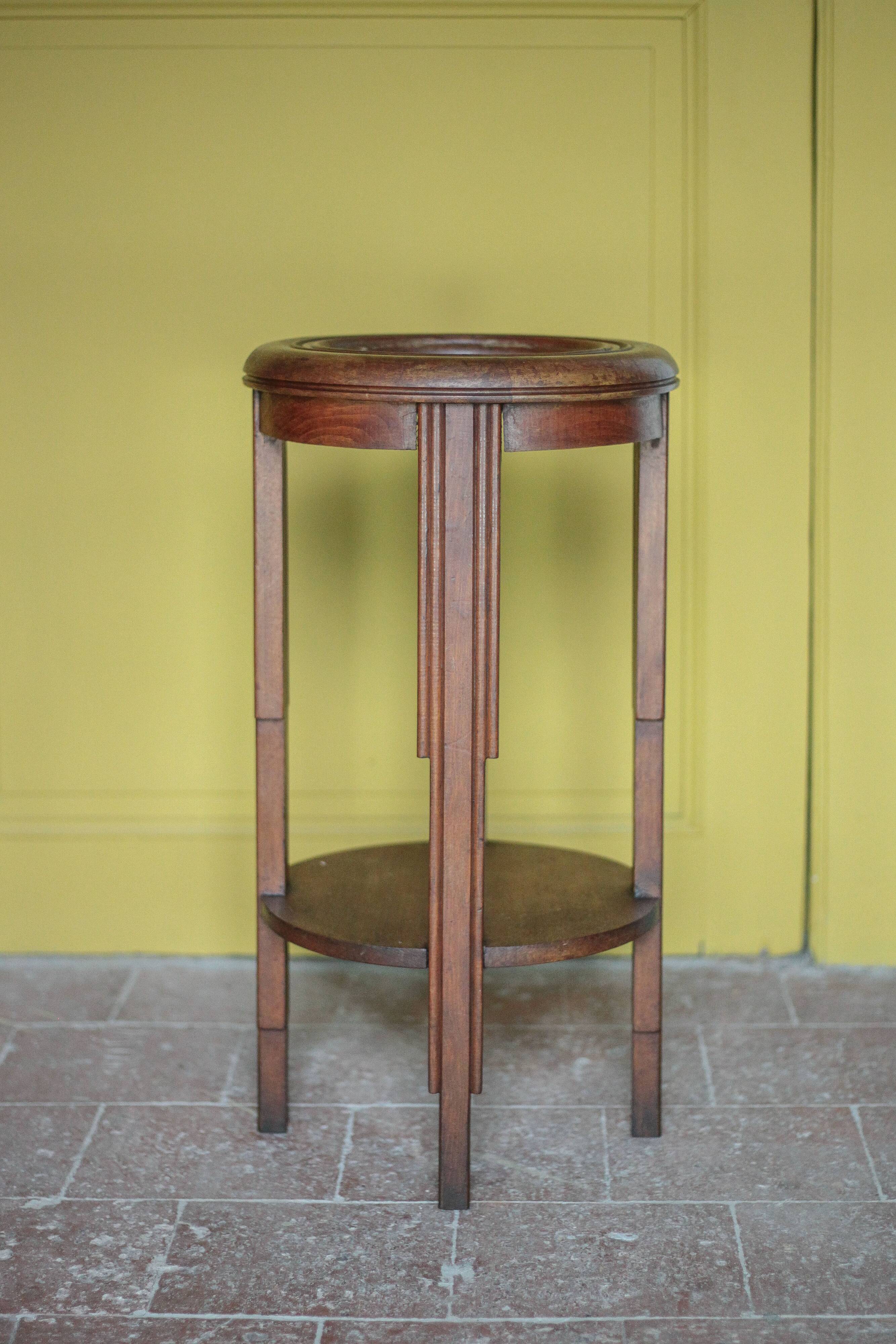 Vintage wooden side table, wooden and marble pedestal table, wooden pedestal, plant stand.