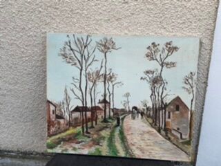 Canvas on village scene frame signed vintage Denise