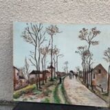 Canvas on village scene frame signed vintage Denise