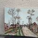 Canvas on village scene frame signed vintage Denise
