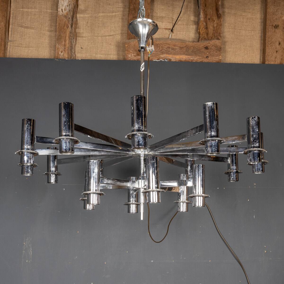20thC ITALIAN CHROME & SMOKED GLASS EIGHTEEN LIGHT CHANDELIER c.1970