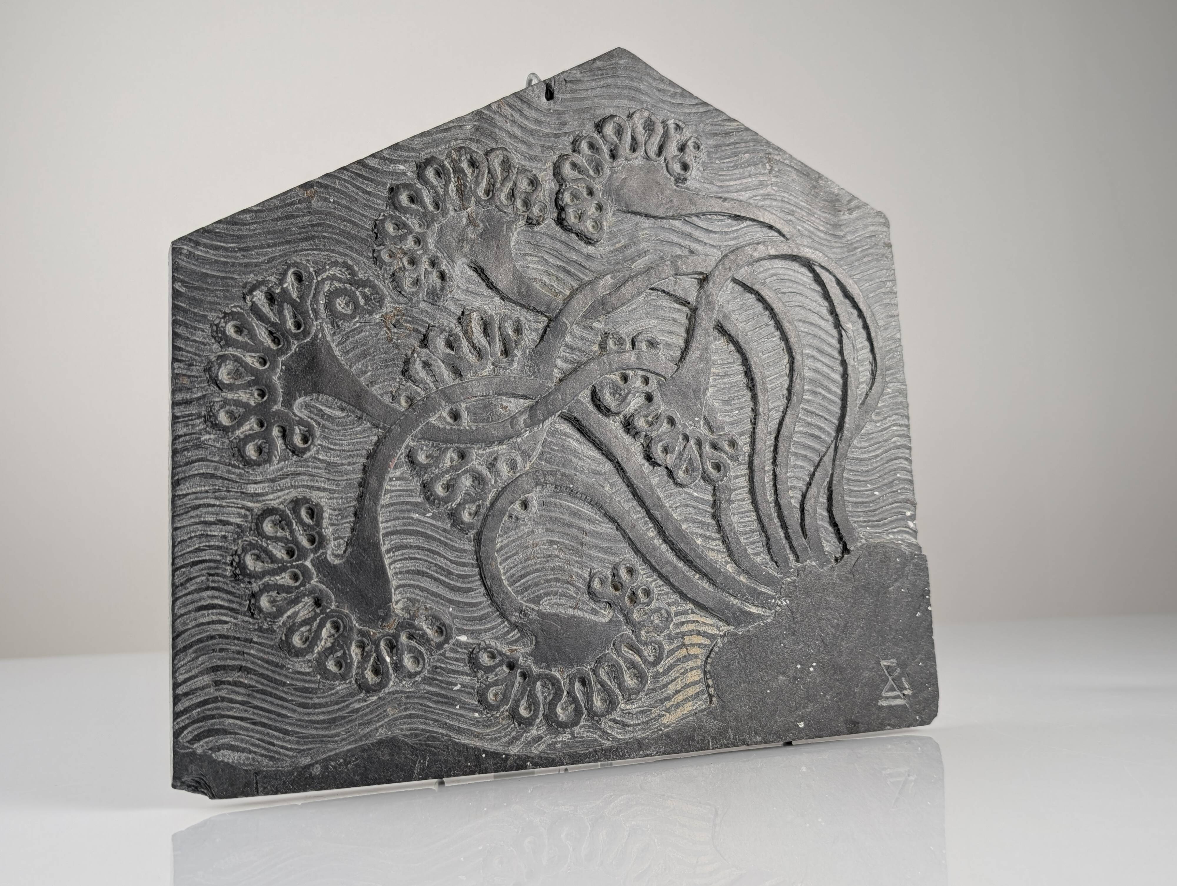 Slate Bas-Relief with Floral Motifs, Signed, 1970s