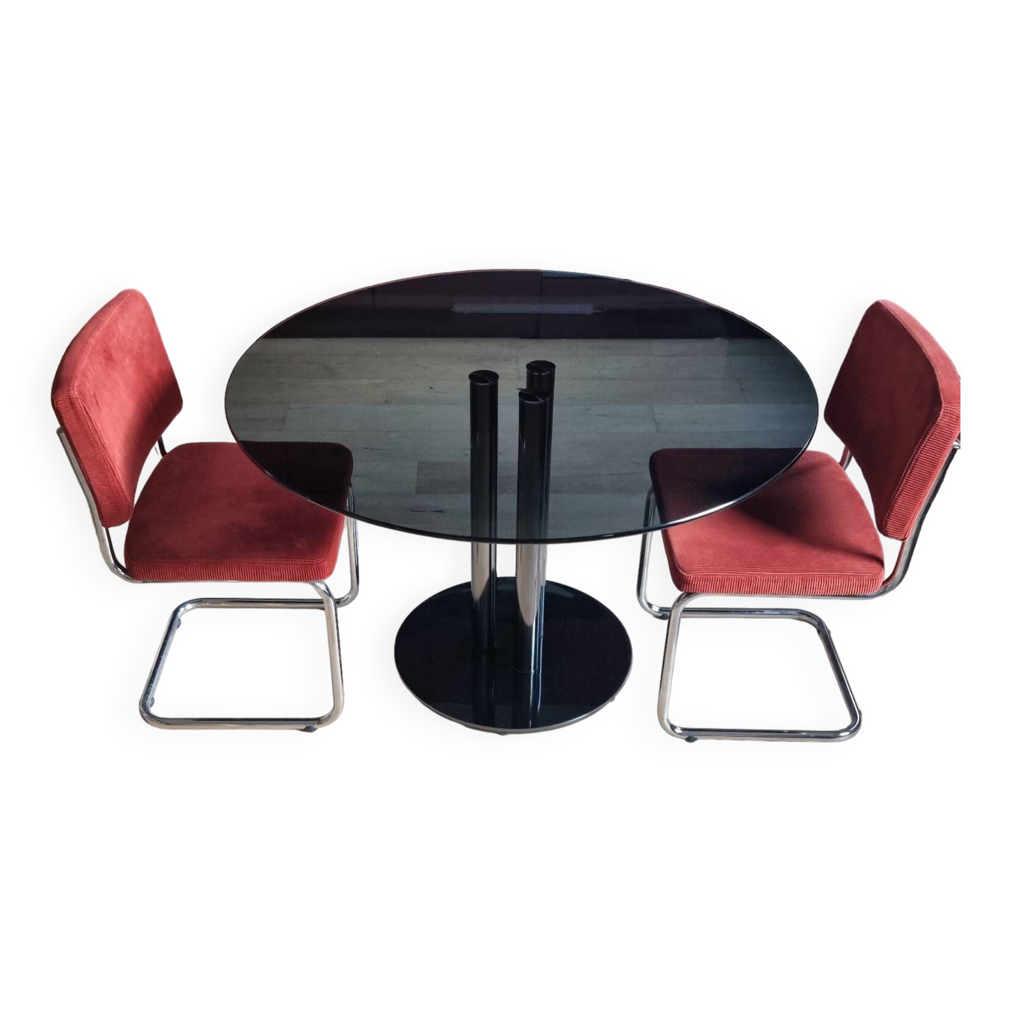 Round black smoked glass dining table + 2 terracotta chairs