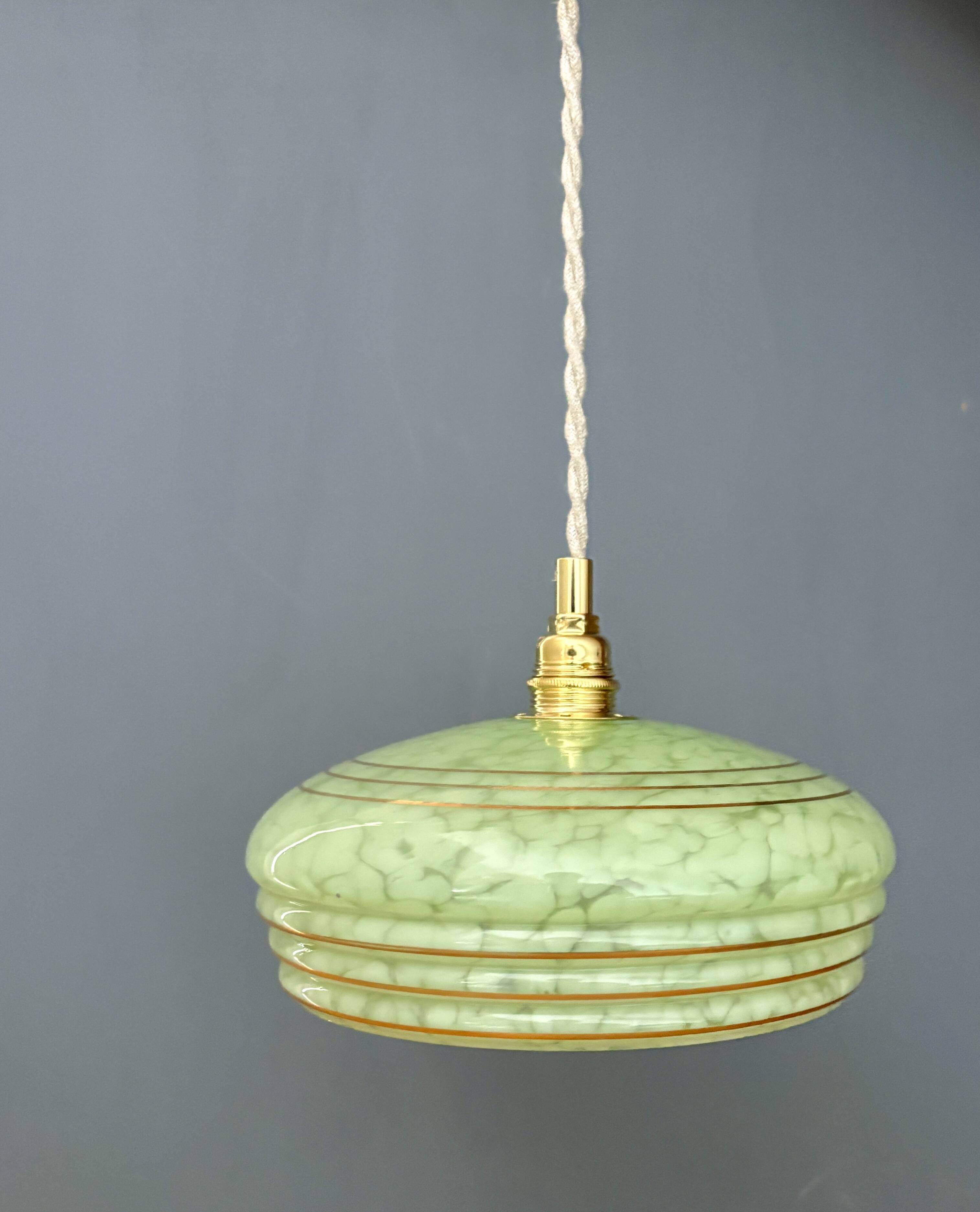 Vintage green and gold Clichy glass lampshade pendant light