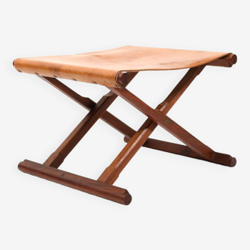 Tabouret pliant danois de haute qualité en teck et cuir des années 1960