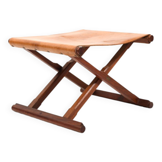 Tabouret pliant danois de haute qualité en teck et cuir des années 1960