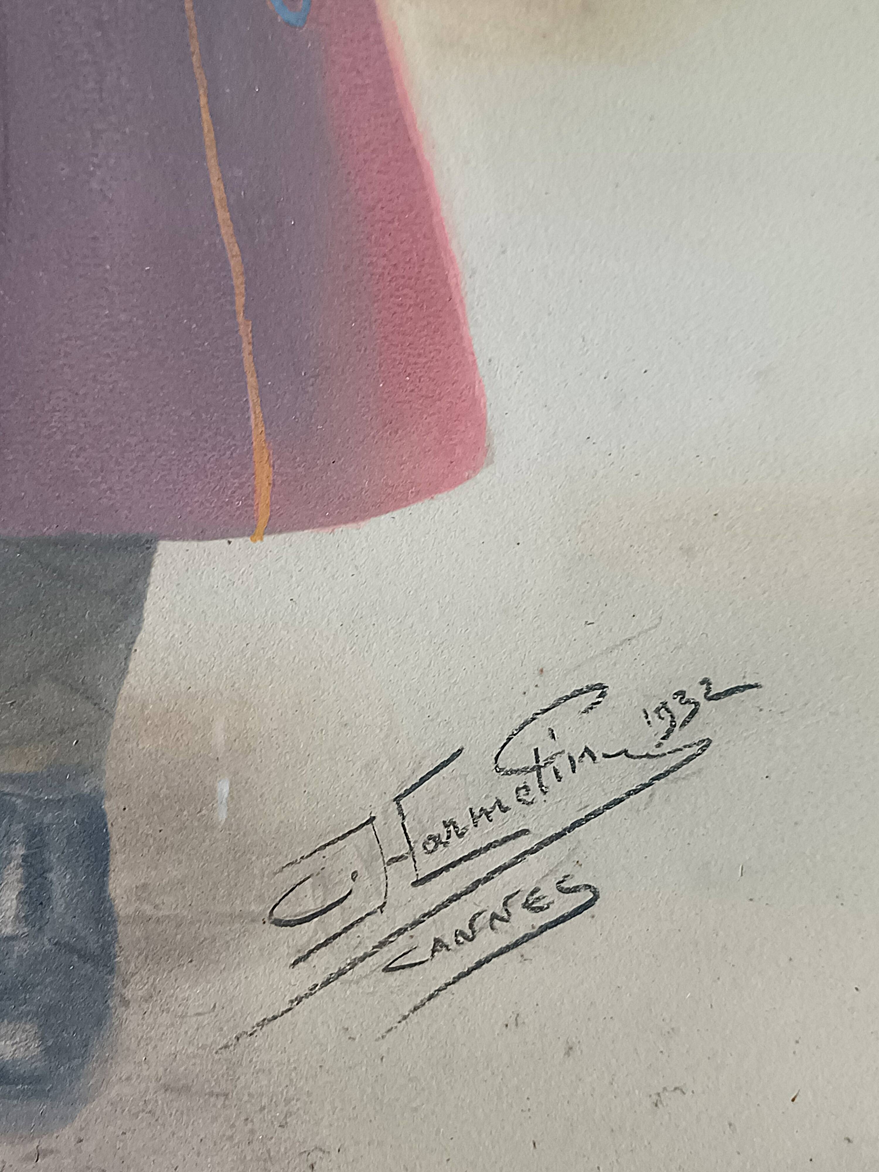 Framed Militaria 1932 large portrait of a Tunisian sharpshooter signed 66 cm X 55 cm