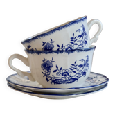 Old Lancaster cups and saucers in white earthenware with blue decoration.
