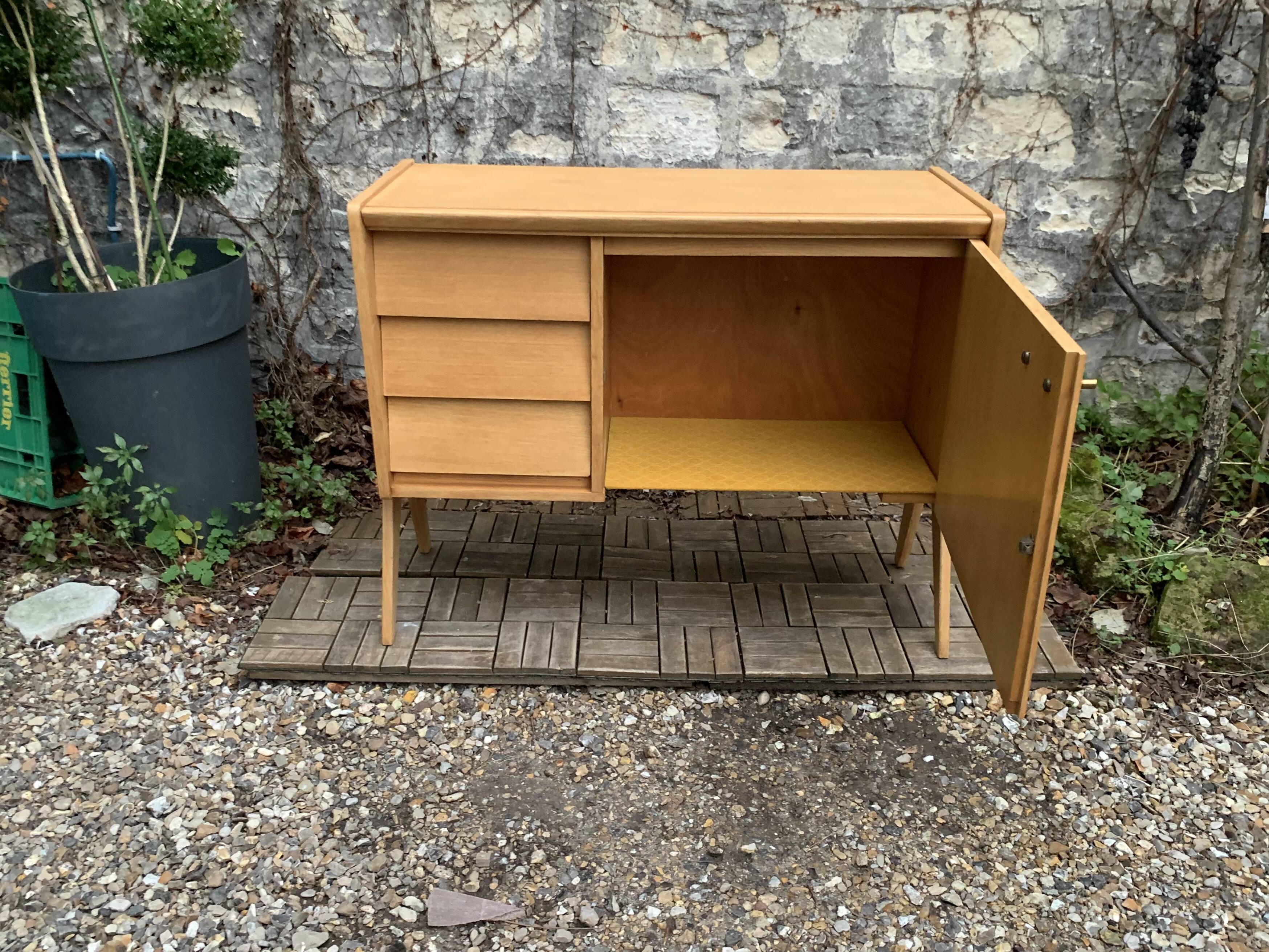 Vintage chest of drawers with compass legs, light oak, 1960s