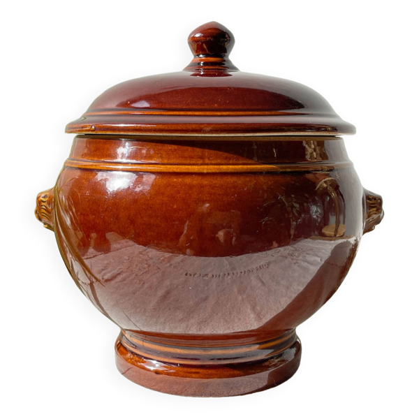 Soupière vintage en grès émaillé marron soupe à l'oignon