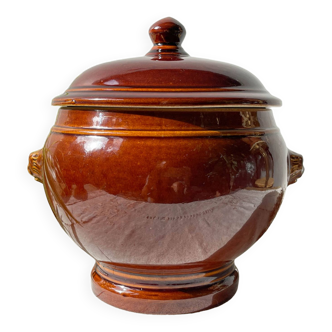 Vintage brown glazed stoneware onion soup tureen