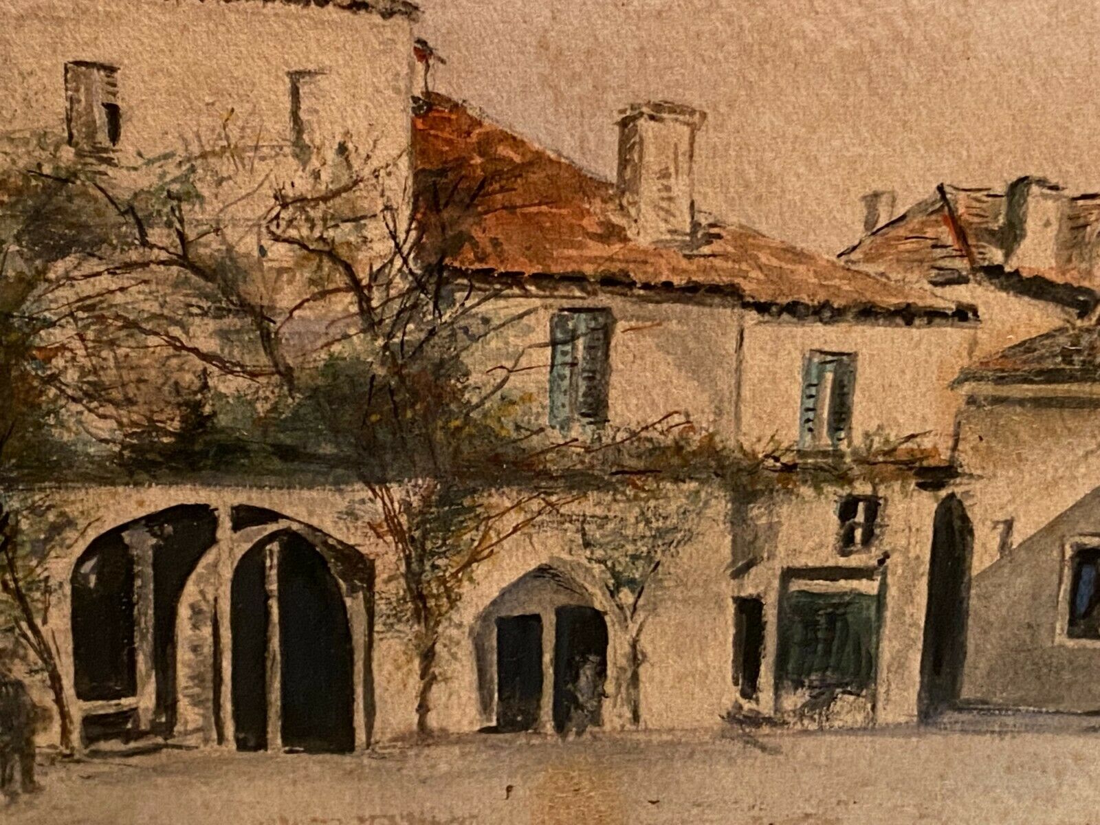 Watercolor signed Sarineau representing a view of a village