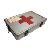 Old box pharmacy in aluminium metal red cross of the war