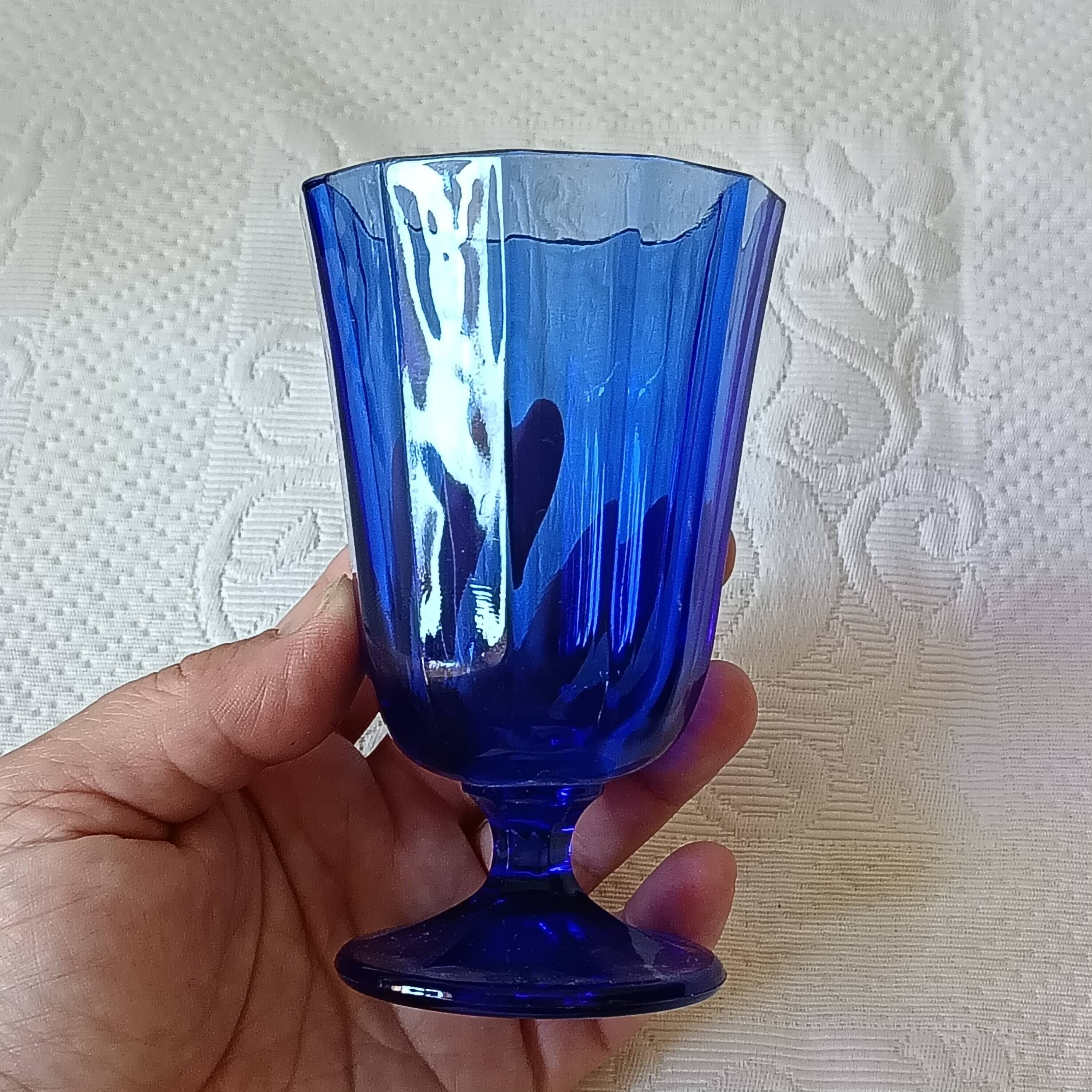 6 vintage footed glasses in cobalt blue coloured glass from Portugal